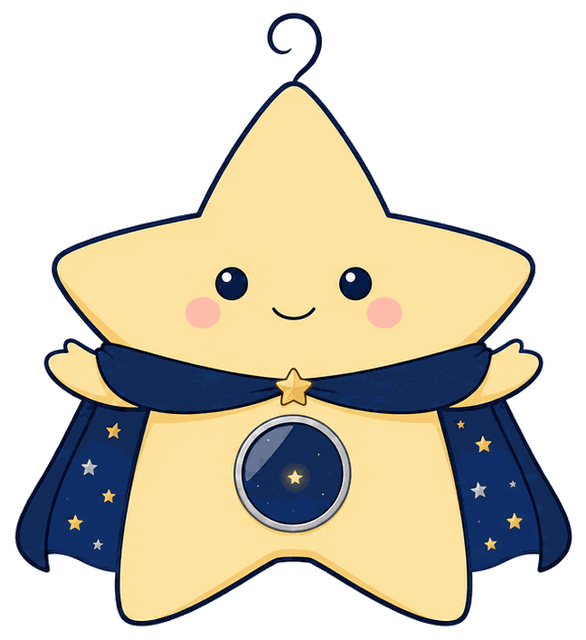 星の子トワリン。クリーム色の星のからだに紺の夜空マント、おなかに丸い鏡